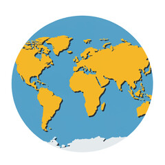 A charming flat 2D vector illustration depicts a cartoon world map featuring distinctly curved continents, presented with clean lines on a plain white background, ideal for global themes.