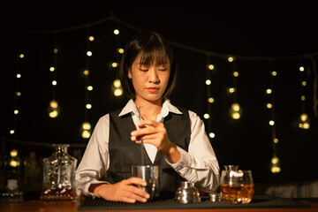 Bartender Serve Whiskey, on wood bar, 