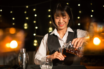 Bartender Serve Whiskey, on wood bar,
