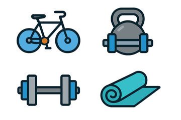 Fitness icon set with bike, dumbbell, kettlebell, yoga mat. Vector flat design. Cartoon illustration for gym, workout, health, sport concepts. Sport equipment collection.