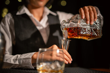 Bartender Serve Whiskey, on wood bar, 
