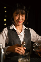 Bartender Serve Whiskey, on wood bar, 