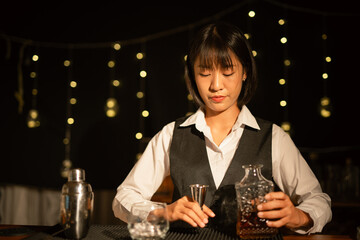 Bartender Serve Whiskey, on wood bar, 