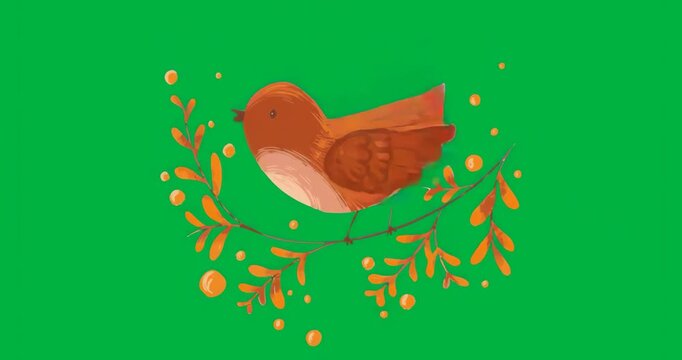 Upon loading, stylized orange brown bird perching on twig over transparent background for branding