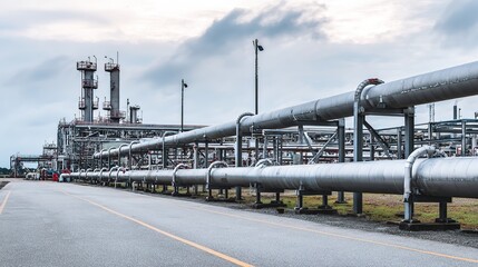 Industrial oil and gas facility with large pipes and metal structures, showcasing modern energy infrastructure.