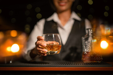 Bartender Serve Whiskey, on wood bar, 