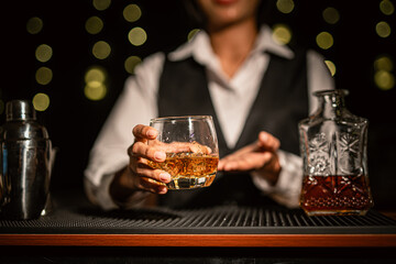 Bartender Serve Whiskey, on wood bar, 