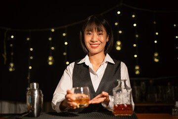 Bartender Serve Whiskey, on wood bar, 
