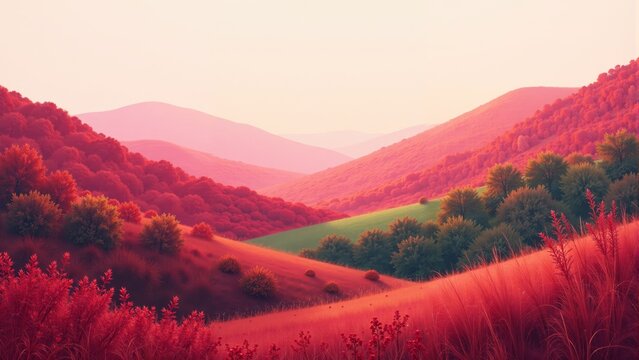 Vibrant crimson hills and valleys invite serenity in a dreamy landscape amidst misty mountains