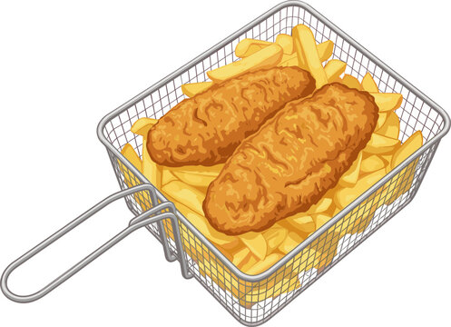 Fish and chips in fryer basket with two fried fish fillets and fries isolated vector icon