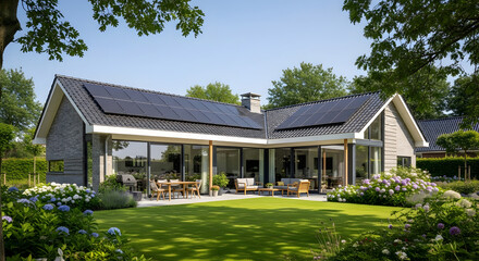 Modern l shaped house with solar panels on the roof and a lush garden with hydrangeas