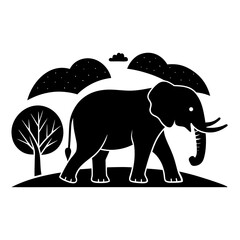 Black silhouette of an elephant walking past a tree and clouds