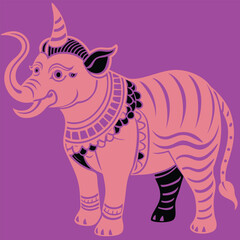 pink elephant with single horn and decorative necklace on purple background.nk elephant with single horn and decorative necklace on purple background.