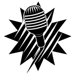 Black vintage microphone on abstract starburst retro
