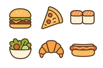 Food icons set. Minimalist cartoon vector illustration of burger, pizza, sushi, salad, croissant, hot dog. Simple flat design elements for menu, web, app, sticker.