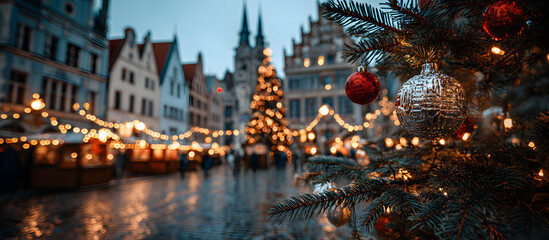 European Christmas city with festive fair or market in the evening. Christmas tree with beautiful balls on foreground. Holiday background.