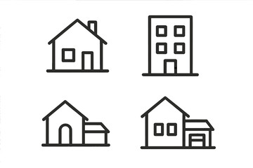 Fototapeta premium House icon set in thin line style. Home, building, real estate symbols. Vector collection of residential property, apartment pictogram. Outline structure for web design.