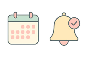 Minimalist pastel calendar and reminder bell icons for productivity apps. Vector cartoon illustration set for scheduling, appointments, and deadlines. Notification alert symbol.