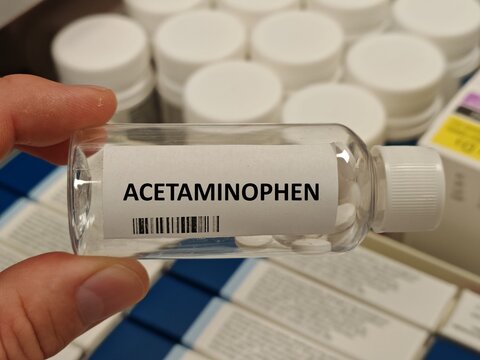 ACETAMINOPHEN box of tablets on hospital pharmacy table, used to relieve mild to moderate pain and reduce fever PARACETAMOL	