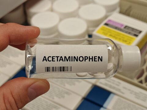 ACETAMINOPHEN box of tablets on hospital pharmacy table, used to relieve mild to moderate pain and reduce fever PARACETAMOL	