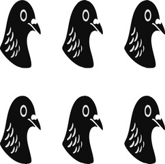 Pigeon kabootar head face set collection pack bundle black shape icon silhouette vector flat illustration design on white background.