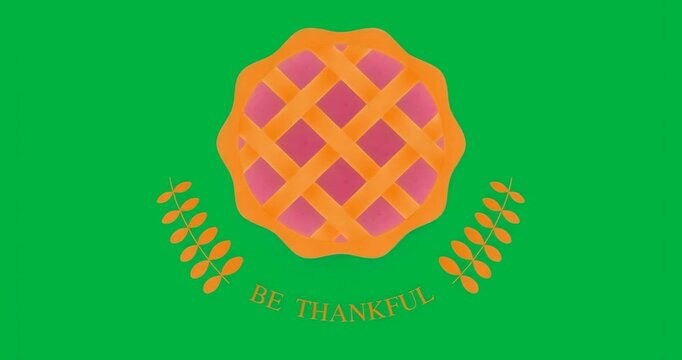 Blue outlines appearing, lattice pie and wheat sprigs displaying thanks banner on clear background