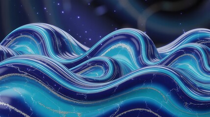 Abstract flowing waves of blue and purple liquid with shimmering particles