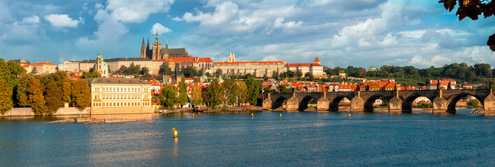 Prague panorama with Charles Bridge over Vltava river and Hradcany castle of the Old Town in Prague, Czech republic. Charles Bridge is the main attraction of Prague in Czech republic.