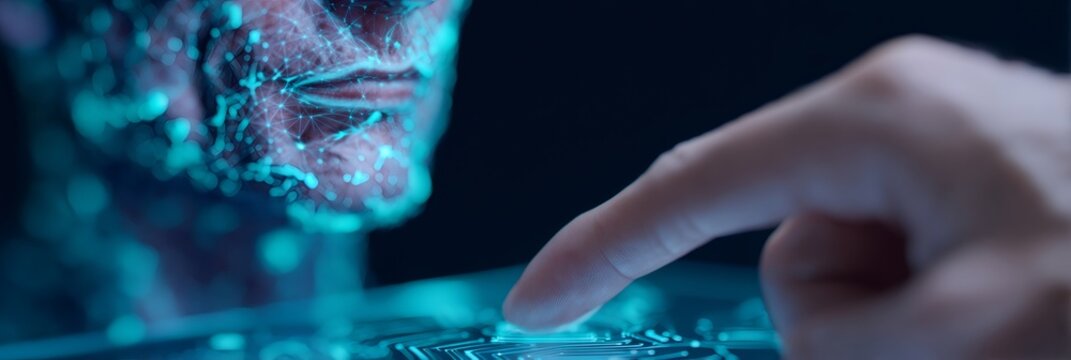 Finger touching circuit board showing digital face. Artificial intelligence and biometric recognition concept. Future of user interface.