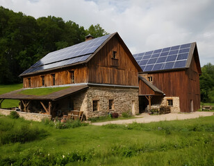 Obraz premium Rustic Farm Barn with Solar Panels on Roof – Sustainable Energy in Rural Countryside
