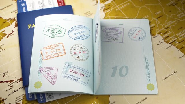 Travel or tourism concept. Old suitcase with open passport with visa stamps. 3d animation