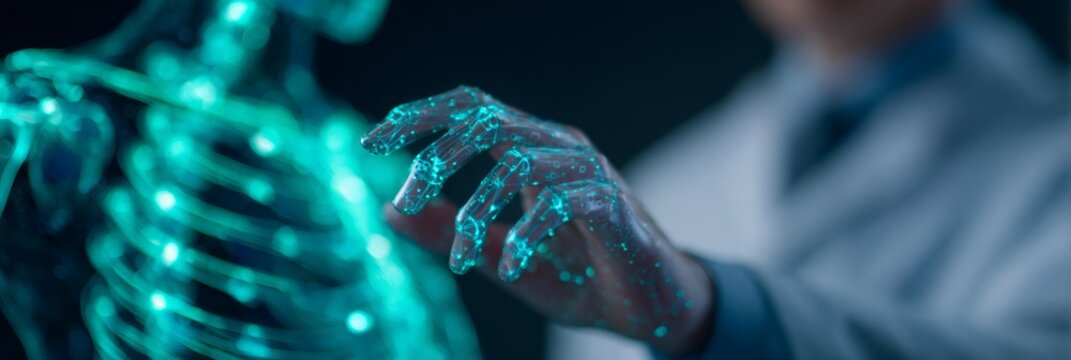 Man doctor interacting with transparent hand model of human skeleton. Medical technology research and bioengineering concept.