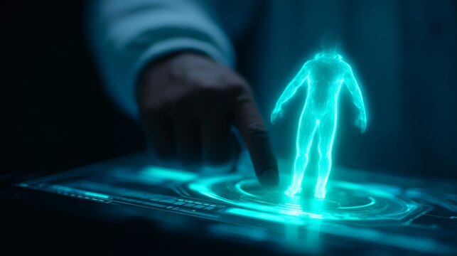 A man creating a digital human projection on a futuristic interface. Artificial intelligence, bioengineering, and genetic engineering for future medicine.
