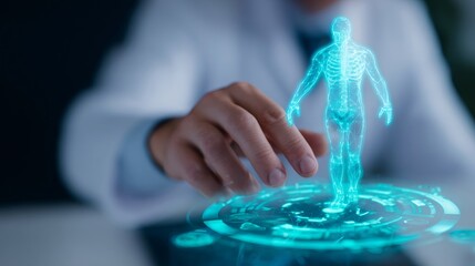 Doctor hand interact with human body hologram. Digital health scan visualization for medical diagnosis. Innovative healthcare technology.