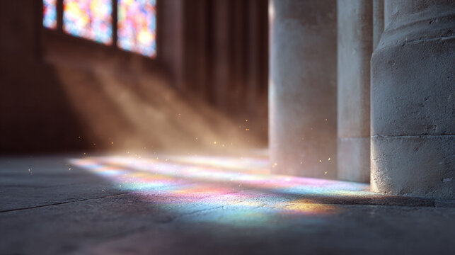 Sunlight streams through a stained glass window, casting vibrant colors on a stone floor. Columns suggest a place of worship. Light and hope concept.