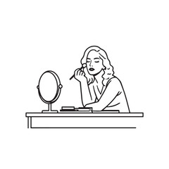 Black and white line art of a beautiful woman doing makeup at dressing table with mirror illustration