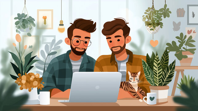 Young Middle Eastern Gay Couple Working From Home on Laptops While Their Tabby Cat Sleeps Between Them on Shared Desk. Remote Workers Collaborating on Projects in Minimalist Home O