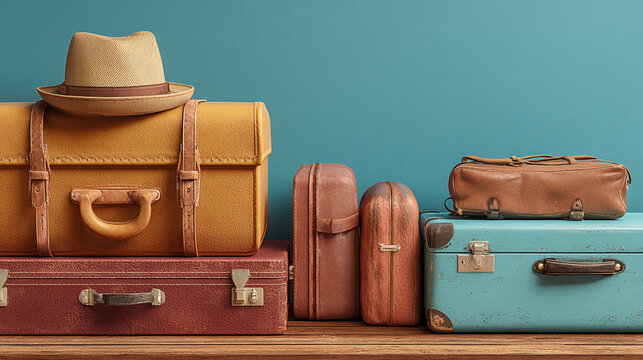 Vintage luggage and hat ready for a journey travel adventure vacation memories
