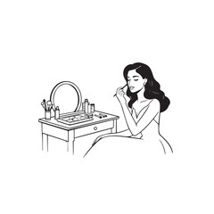 Black and white line art of a beautiful woman doing makeup at dressing table with mirror illustration