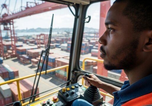 A harbor crane operator diligently manages container transportation.