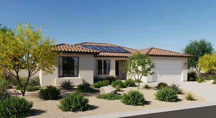 Modern stucco single story home with solar panels and drought tolerant landscaping under a clear blue sky