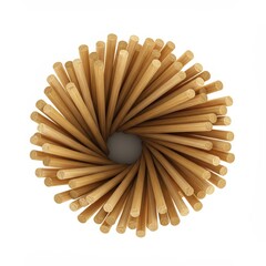 Wooden bamboo skewers arranged in a circular pattern on white background  