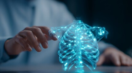 Man interacting with glowing human rib cage model. Future medical technology for anatomical analysis and surgical planning. Telemedicine.