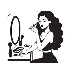 Black and white line art of a beautiful woman doing makeup at dressing table with mirror illustration