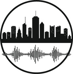 City skyline silhouette within a circle, audio wave below white background.