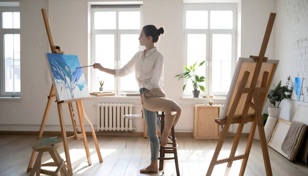 Young female artist painting on canvas in a bright art studio.