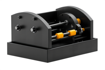 Industrial mechanism with rotating shafts and yellow rollers on a base machine isolated on a transparent background