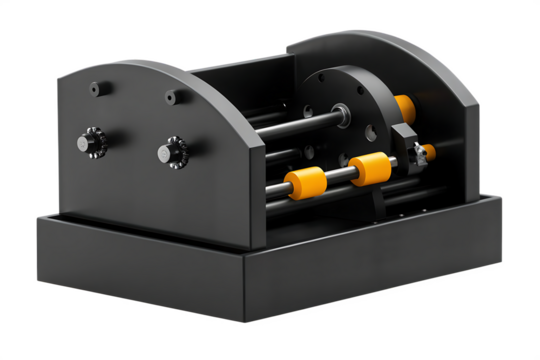Industrial mechanism with rotating shafts and yellow rollers on a base machine isolated on a transparent background