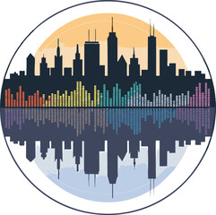 City skyline silhouette within a circle, audio wave below white background.