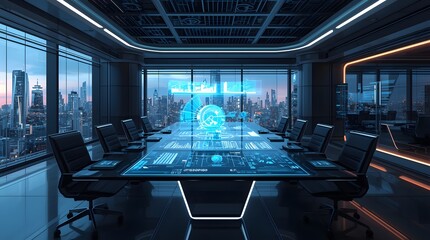 Futuristic holographic boardroom with a panoramic city view glowing with advanced technology and sleek modern design creating an innovative meeting space